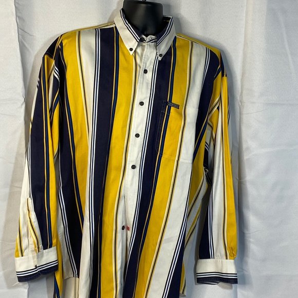 Chaps Ralph Lauren Shirt Long Sleeve Sz L 100% Cotton Blue/Yellow Stripes Preown - Picture 3 of 10